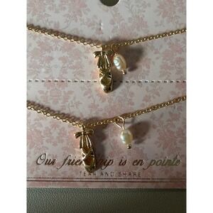 Icing Kids Gold Ballet Pointe Shoe Faux Pearl Friendship Necklace Set 2pc NEW